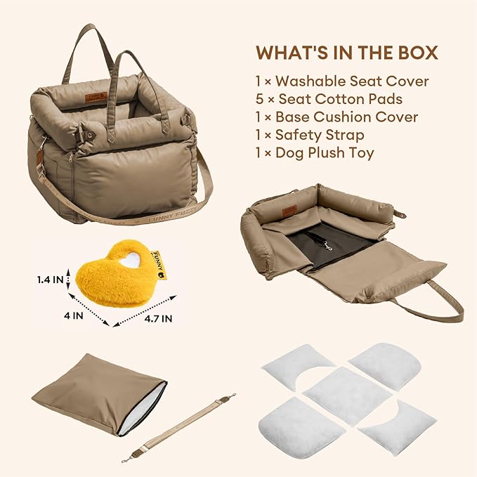 FUNNYFUZZY Dog Car Seat for Medium Sized Dogs, Waterproof 3 in 1 Soft Leather Dog Car Bed for Travel and Home,Portable and Safety,Fits Pets Up to 35 lbs(Khaki)