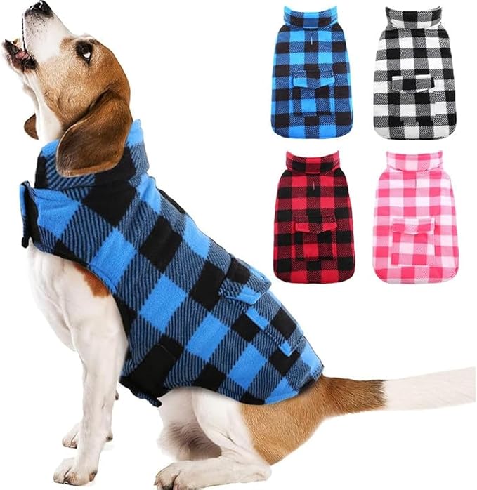 Kuoser Dog Winter Coat, Windproof Dog Fleece Jacket British Style Plaid Cold Weather Doggie Vest Coats, Reversible Cozy Warm Puppy Clothes Pet Apparel for Small Dogs S