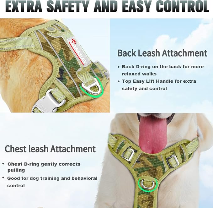 BARKBAY No Pull Dog Harness Large Reflective Dog Harness with Front Clip and Easy Control Handle for Walking Training Running with ID tag Pocket(Camo,M)