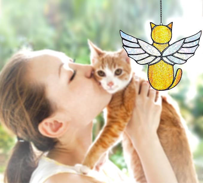 Angel Rainbow Wing Memorial Gifts - Stained Glass Cat Suncatcher, Loss of Cat Sympathy Gift (Orange)