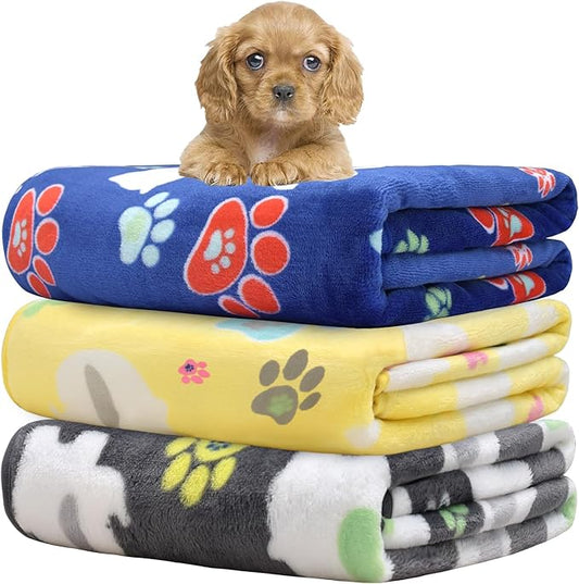 Rezutan Small Dog Blankets 3 Pack for Pet Cat Soft Fuzzy Washable Puppy Blankets,Reversible Elephant & Paw Print Suitable for Dog Kennels & Beds, Sofas Gifts Puppy Essentials, 24x20 inch