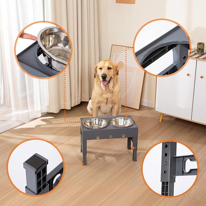 Elevated Dog Bowls with 2 Stainless Steel Bowls, Raised Dog Food Bowl Stand 5 Height Adjustable (3.1", 9", 10", 11", 12") Non-Slip Feeder Set for Medium and Large Dogs - Gray