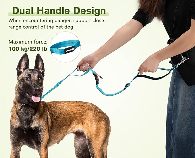 Pecute Hands Free Dog Leash with Pouch, Waist Belt Fanny Pack with Soft Padds, Dual Padded Handles and Durable Bungee for Walking, Hiking, Jogging Biking, and Running
