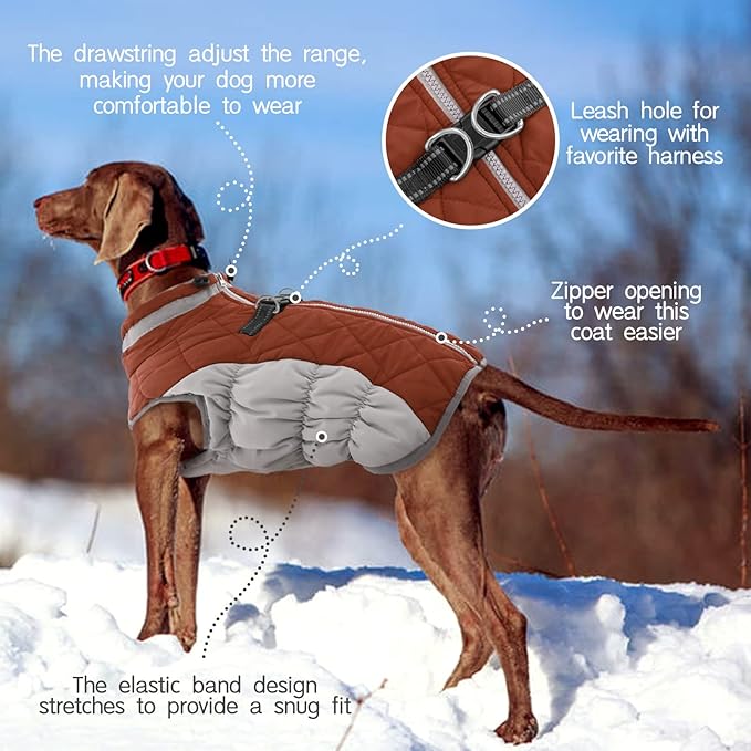 FUAMEY Dog Coat for Small Dogs,Waterproof Dog Winter Jacket with Harness Built in Puppy Cold Weather Coats Reflective Pet Vest with Zipper Warm Fleece Dogs Snowsuit Windproof Brown S