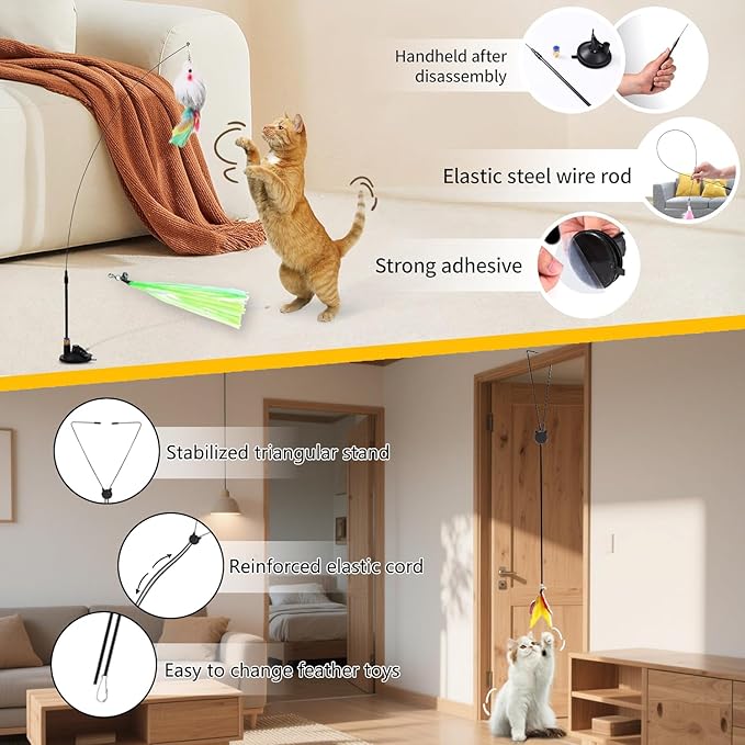 4-in-1 Interactive Cat Feather Toys with Durable Retractable Fishing Pole, Enhanced Suction Cup Toy, Door Hanging Teaser Toy and 11 Attachments Replacements for Bored Indoor Adult Cats