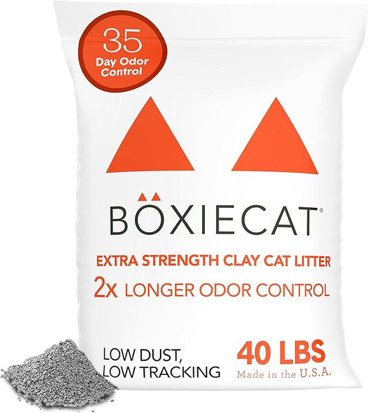 Boxie Extra Strength 35 Day Odor Control Clumping Clay Cat & Kitty Litter 40lb, 99.9% Dust-Free, Probiotic Formula, Long-Lasting, Veterinarian Approved, Easy Scooping for Multi-Cat Homes
