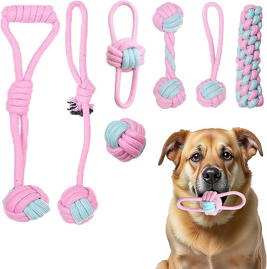 7 Pack Dog Rope Toys, Interactive Tough Chew Toys for Small and Medium Dogs, Clean Teeth and Relieve Boredom, Tug of War, Aggressive Chewers, Cotton Rope Knot Puppy Dental Toy, Pink