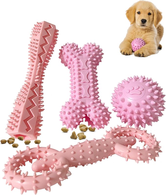 4 Pack Puppy Toys for 2-8 Months Pets Dog Chew Toy for Small Puppies Teething Toys for Cleaning Teeth Cute Pink Small Dog Toys Soft Durable Interactive Chew Toy Puppy Supplies Starter Kit (Pink)