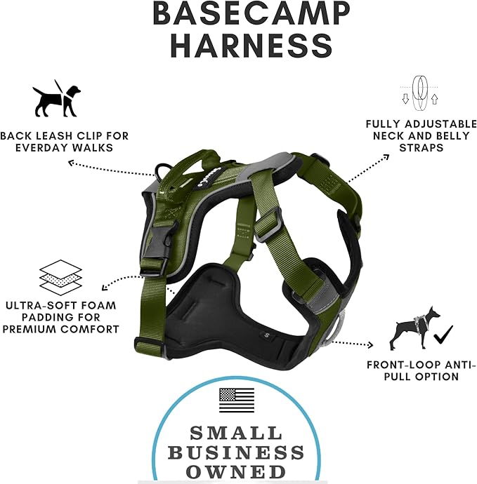 ShawnCo Basecamp Dog Harness, No-Pull Pet Vest with 3 Leash Clips, Padded, Reflective, Lightweight and Adjustable Harness with Handle for Small, Medium and Large Dogs (Olive Green, XL)