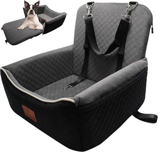 Dog Car Seat Bed 2 in 1 for Small/Medium Dogs up to 35 lbs,Adjustable Safety Leashes,Memory Foam with Soft Fabric Pets Travel Car Bed,Easily Installed in Front and Back seat,Removable and Washable.