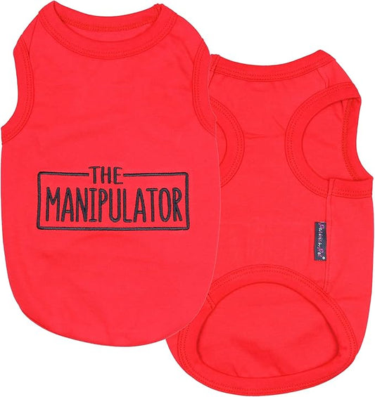 Parisian Pet Dog Tshirt - Embroidered “ Manipulator “ Tank Top - Breathable and Lightweight Dog Clothes - Sleeveless Red Tee Shirts - Machine Washable Shirt for Large Dogs - 3XL