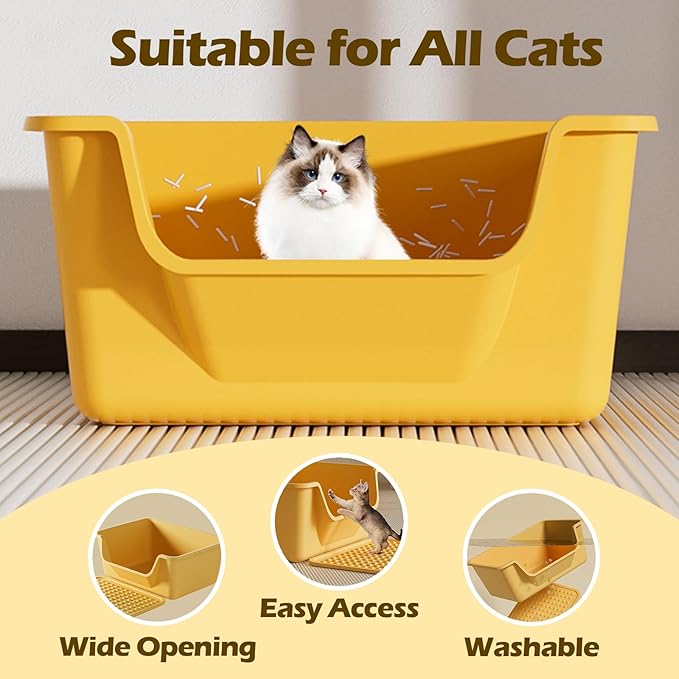 Large Cat Litter Box with High Sides,Cat Boxes for Indoor Cats,Cat Litter Pan for Kitty,Litter Box with Low Entry,Easy to Clean,Anti-Splashing(Grey)