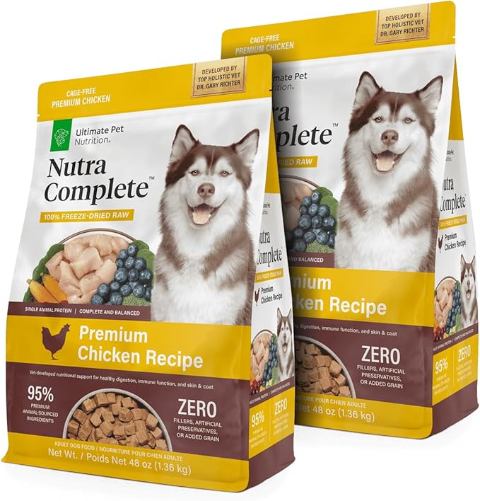 ULTIMATE PET NUTRITION Nutra Complete, 100% Freeze Dried Veterinarian Formulated Raw Dog Food with Antioxidants Prebiotics and Amino Acids, (3 Pound (Pack of 2), Chicken)