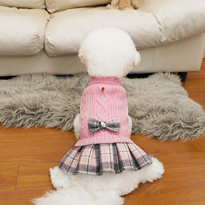 WOYYHO Girl Dog Sweater Dress with Bowtie Turtleneck Small Dogs Sweater with Leash Hole, Knitted Small Dog Sweaters Dress Puppy Winter Clothes for Yorkies Chihuahua (Medium, Pink)