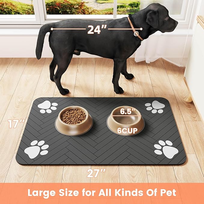Pet Feeding Mat-Absorbent Pet Placemat for Food and Water Bowl, with Waterproof Rubber Backing, Quick Dry Water Dispenser Mat for Dog and Cat (16"x24", Striped Dark Gray)