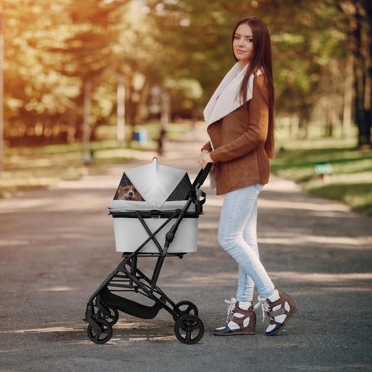 Dog Stroller for Small Dogs Cats Up to 33LBS, 3-in-1 Lightweight Foldable Pet Stroller with Removable Carrier, Storage Basket for Travel- Gray
