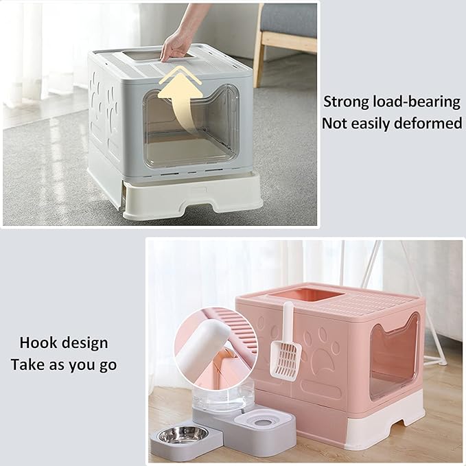 Top Entry Cat Litter Box With Lid - Enclosed Anti-Splashing Potty, Foldable Large Covered Toilet Pan, Cat Supplies With Scoop, Brush and Garbage Bag