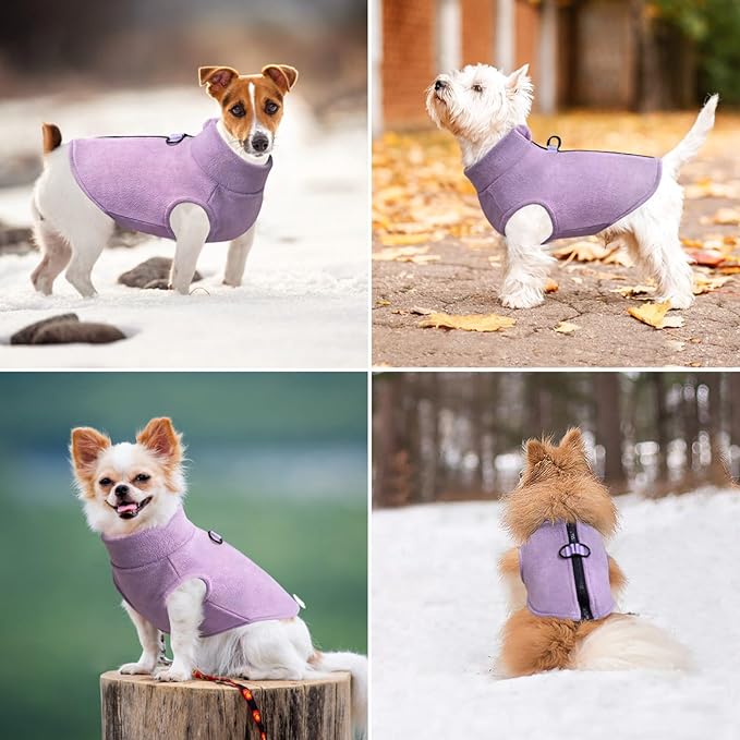 Idepet Dog Fleece Vest Sweater Zip Up Warm Pullover Dogs Jacket with D-Ring Leash Winter Cold Weater Coat Pet Sweatershirt Clothes Hoodie for Small Medium Dogs Boy Girl (Purple, M)