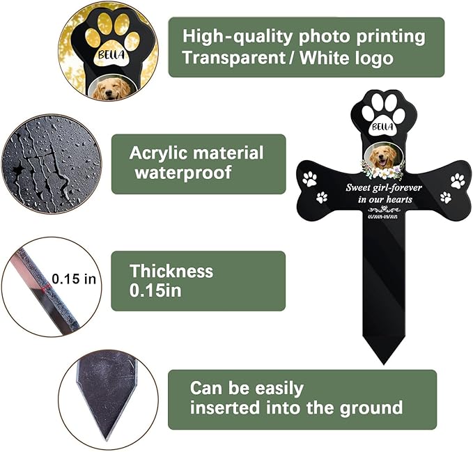 Custom Dog Memorial Gifts - Clear Acrylic Pet Grave Marker for Dogs & Cats, Outdoor Pet Cemetery Cross Sign, Weatherproof & Personalized Look (A-Cross1, Black)