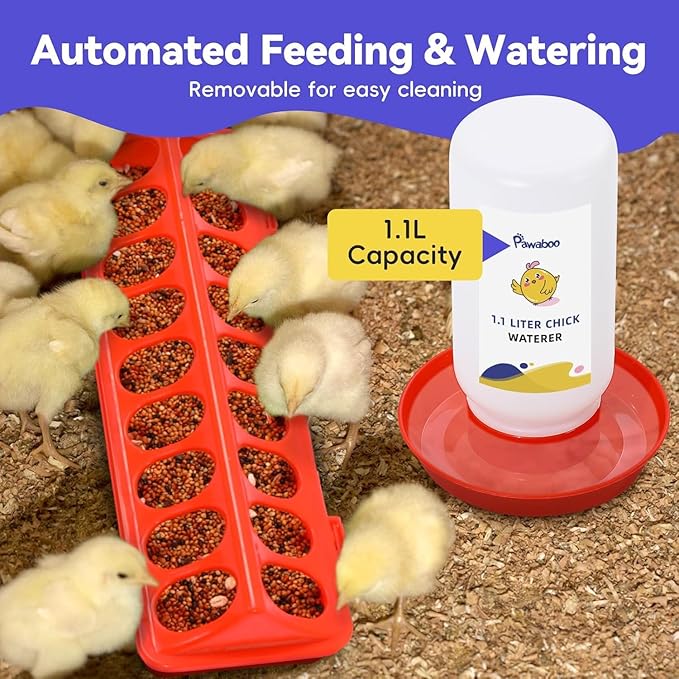 Pawaboo 5-in-1 Chicken Brooder Box for Chick Starter Kit, Includes Pet Cage Tent, Chicks Perch, Chick Feeder, 1.1L Chicks Waterer, Baby Chicken Supplies (Brooder Set), Green + Red + Wood Color