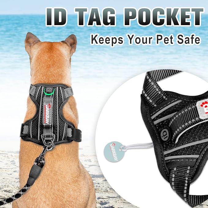 BARKBAY No Pull Dog Harness Large Reflective Dog Harness with Front Clip and Easy Control Handle for Walking Training Running with ID tag Pocket(Black,M)