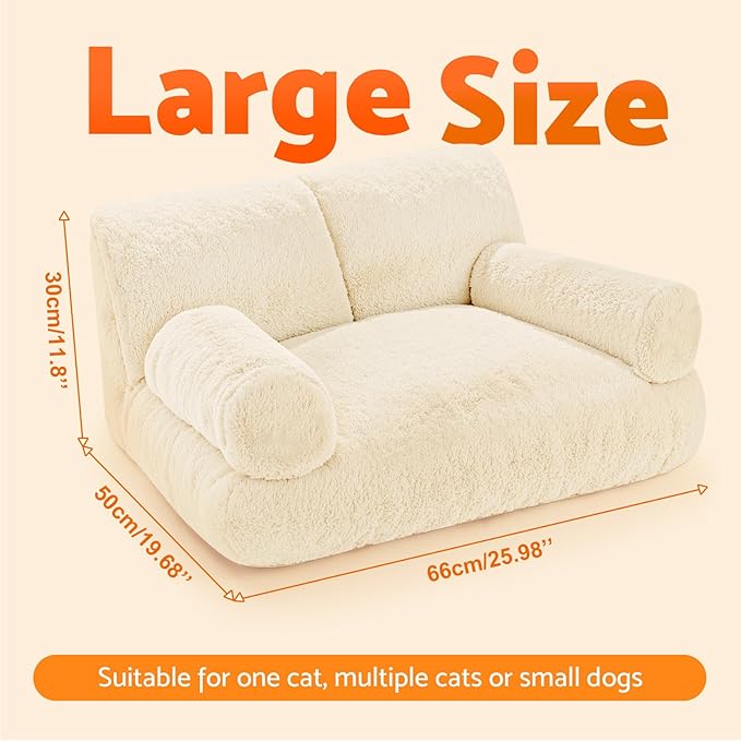 Gimars Upgrade Large Cat Bed for Indoor Cats -Added 10% More Stuff Sponge, Orthopedic Pet Couch Beds with Bolstered Edges, Fluffy Washable & Removable Cover, Anti Slip Base, White