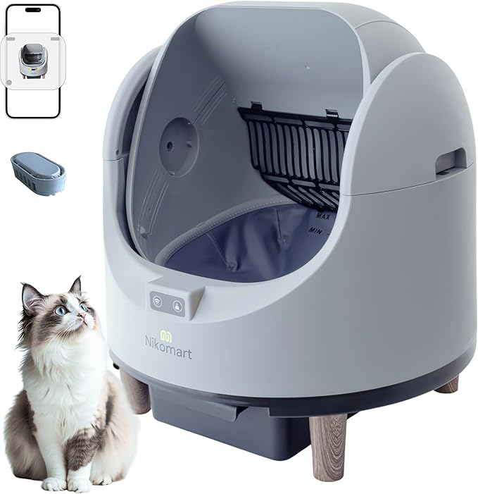 Open-Top Self Cleaning Litter Box, 68L Large Capacity for Multi Cats - Automatic Litter Box New Gray Design with App Control & Fragrance Dispenser for a Fresh Home