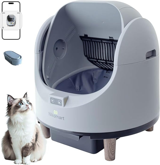 Open-Top Self Cleaning Litter Box, 68L Large Capacity for Multi Cats - Automatic Litter Box New Gray Design with App Control & Fragrance Dispenser for a Fresh Home