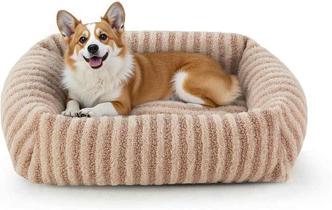 MIXJOY Dog Bed Medium Size Dog, Washable Medium Dogs Bed with Removable Cover, Soft Rectangle Doggy Ded Fluffy Plush Faux Fur Pet Bed with Anti-Slip Bottom, 30"x24"x8", Beige