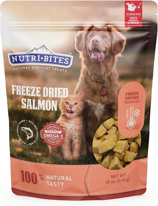 Nutri Bites Freeze Dried Salmon Dog & Cat Treats, 18oz | Healthy Pet Training Treats or Food Topper | All Natural, 1 Single Animal Protein, High Protein | Premium Bulk Value Pack, 510g