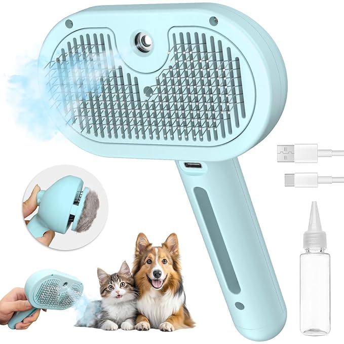 3-in-1 Self-Cleaning Pet Brush for Shedding - Removes Static and Loose Hair from Dogs and Cats (Blue)