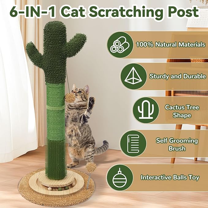 OTOB 36" Tall Cat Cactus Scratching Post, Natural Sisal Rope Cat Scratcher Post, Vertical 6-in-1 Interactive Turntable Cat Scratch Post with Soft Ball Toys, Protect Your Furniture (Green/Brown)