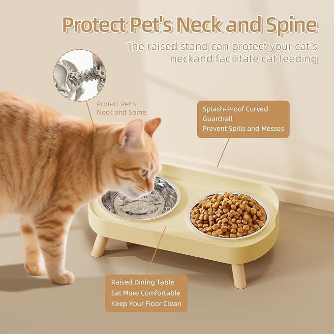 Elevated Cat Bowl, Raised Cat Food and Water Bowl Set for Indoor Cats, Splash Proof with 2 Stainless Steel Pet Food Bowls for Cats and Puppies, Whisker Fatigue and Dishwasher Safe - Yellow