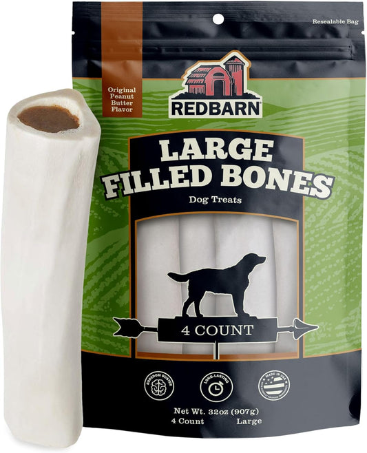 Redbarn Pet Products Large Filled Dog Bones, Peanut Butter Flavor - Long Lasting Stuffed Femur Chew Treat Made in USA - 4 Count - Packaging May Vary