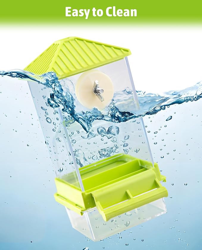 Hamiledyi Automatic Bird Feeder No Mess Bird Cage Feeder Seed Food Container with Perch Transparent Parrot Cage Accessories for Parakeets, Budgies, Cockatoos, Finches, Lovebirds, Canaries (Green)