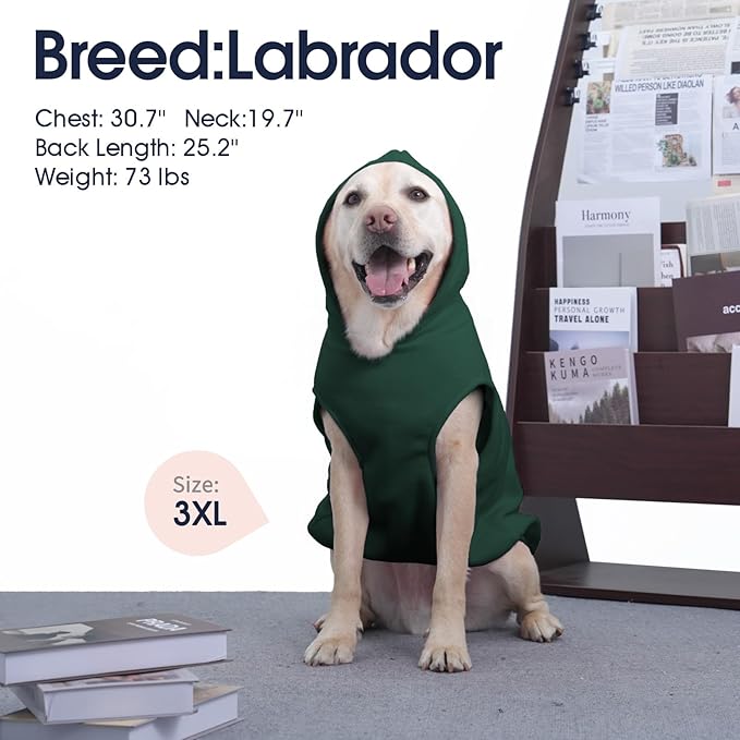 IECOii XXL Dog Hoodie for Large Dogs, Fleece Dog Sweatshirt for Large Breed Male Female Dogs,Pet Pouch Hoodie Winter Sweater Coat with Leash Hole, Warm & Lightweight Outfit for Pitbull, Green, 2XL