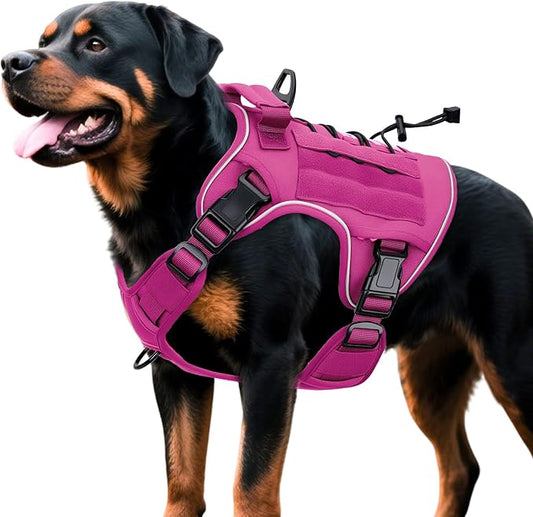 Heavy-Duty Tactical Dog Harness for Large Dogs, No Pull Adjustable Reflective Pet Vest with Molle System, K9 Military-Grade Control for Service Training, Outdoor & 10+ Breeds, Pink, X-Large