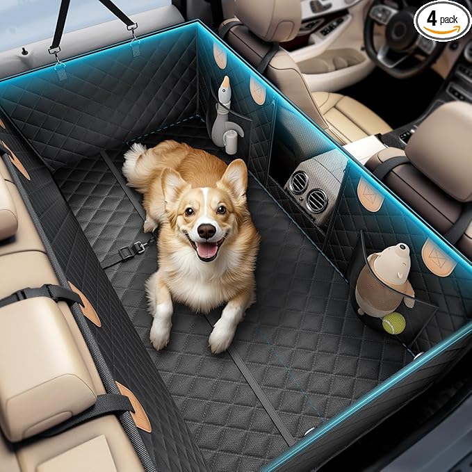 Wigoo Dog Car Seat Cover for Back Seat, 450lbs Full Hardbottom Dog Hammock, Heavy Duty Waterproof Car Bed Extender for 2-3 Medium Dogs, Backseat Protector for Sedan/Medium-Truck, Size-L, Black+Orange