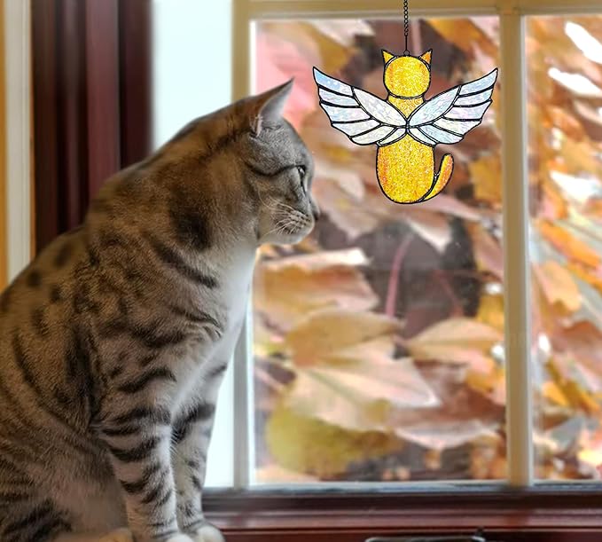 Angel Rainbow Wing Memorial Gifts - Stained Glass Cat Suncatcher, Loss of Cat Sympathy Gift (Orange)