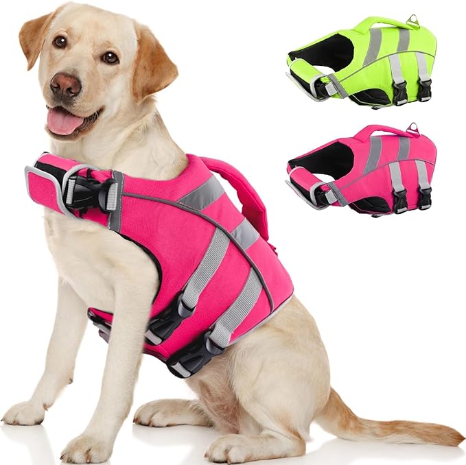 Kuoser XXL Dog Life Jacket for Large Breeds, High Flotation Swimming Vest with Reflective Strips for Boating, Pink