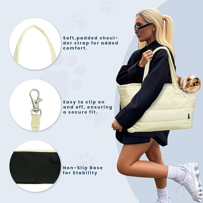 Lightweight Dog Purse Carrier for Small Dogs Under 15 lbs, Puffy Quilted Pet Carrier Tote for Puppies with Safety Leash Clip, Women's Hands-Free Dog Carrier Bag for Travel/Shopping (Beige)