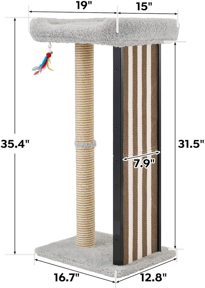 Veehoo 35" Tall Cat Scratching Post for Indoor Cats Adult, Sturdy Cat Scratch Pad with Replaceable Metal Frame Scratching Board, Large Scratch Post with Plush Top Bed