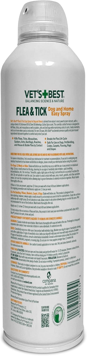 Vet's Best Natural Flea and Tick Easy Spray for Dogs – Cotton Spice Scent – Natural Flea & Tick Prevention – Kills Pests on Contact – Plant-Based Formula – Made in USA – 14 oz