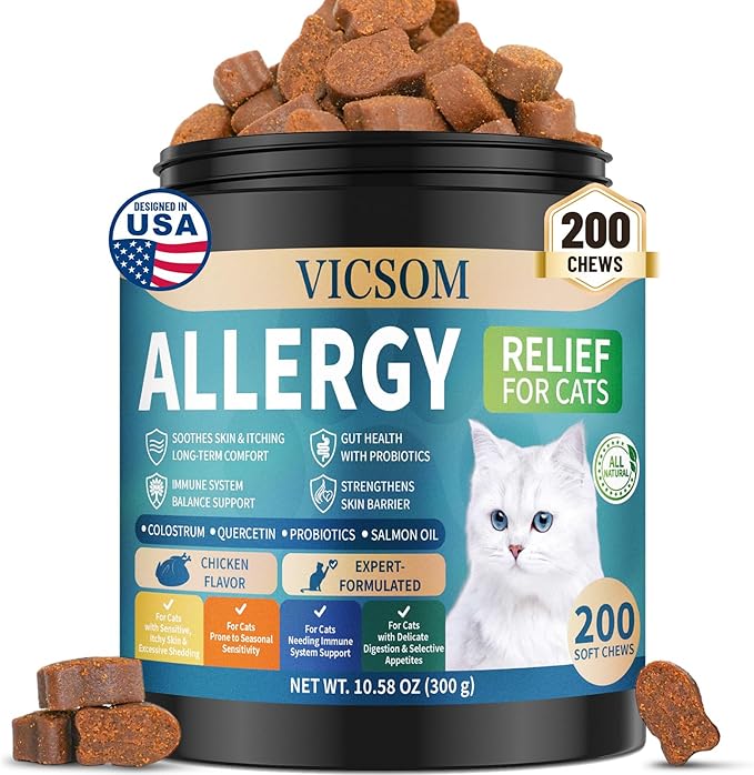 200 Natural Cat Allergy Relief Chews, Cat Itchy Skin Allergy Relief & Immune Support Chews for Seasonal Allergies Cats, Itch Relief for Cats, with Colostrum, Probiotics 1B CFU, Omega-3, Chicken Flavor
