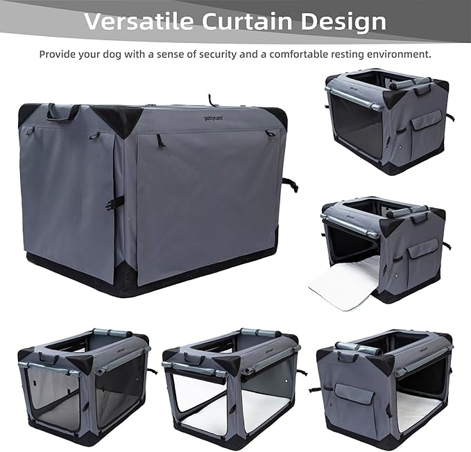 Pettycare 26 Inch Collapsible Dog Crate with Curtains Travel Dog Crate for Airflow and Calm Soft Pet Kennel with Portable Bag and More Chew Proof Mesh Indoor & Outdoor Grey 4 Door Curtains