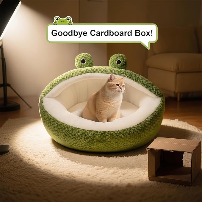 CWV Cute Cat Beds Kitten Beds, Soft Small Dog Beds, Washable Pet Beds for Puppy and Kitty, Funny Frog Cat Cave, 23 Inches