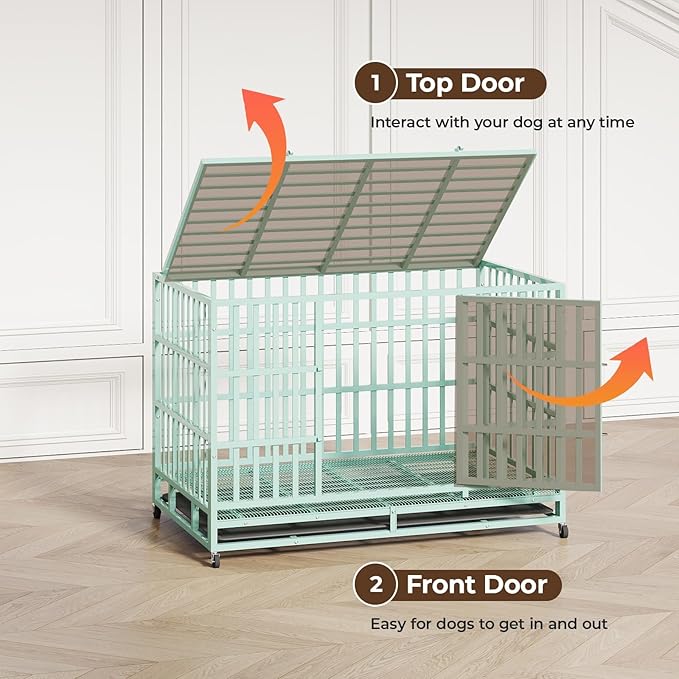 48IN Heavy Duty Dog Crate Steel Escape Proof, Indoor Double Door High Anxiety Cage Removable Tray, Extra Large,Green
