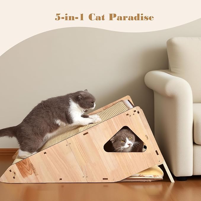 large Cat Scratching Post with Bed: Modern Sisal Cat Scratcher & Wood Frame, Integrated Cat Scratch Pad Post Condo Tunnel. All-in-One Space Saver for Multi-Cat & Budget-Friendly Homes (32in)