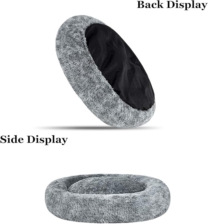Coohom Oval Calming Donut Cuddler Dog Bed,Shag Faux Fur Cat Bed Washable Round Pillow Pet Bed(30"/36"/43") for Small Medium Dogs (L(30"x24"x7"), Grey)