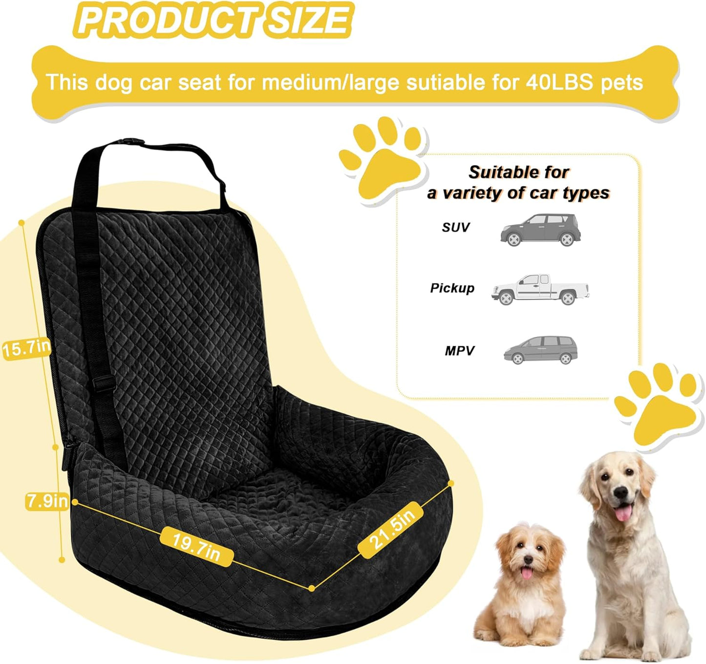 Dog Car Seat for Small Medium Dogs,Detachable Washable Travel Safety Pet Booster Seat, Comfy Ultra Soft and Multifunctional Car Travel Bed,Black
